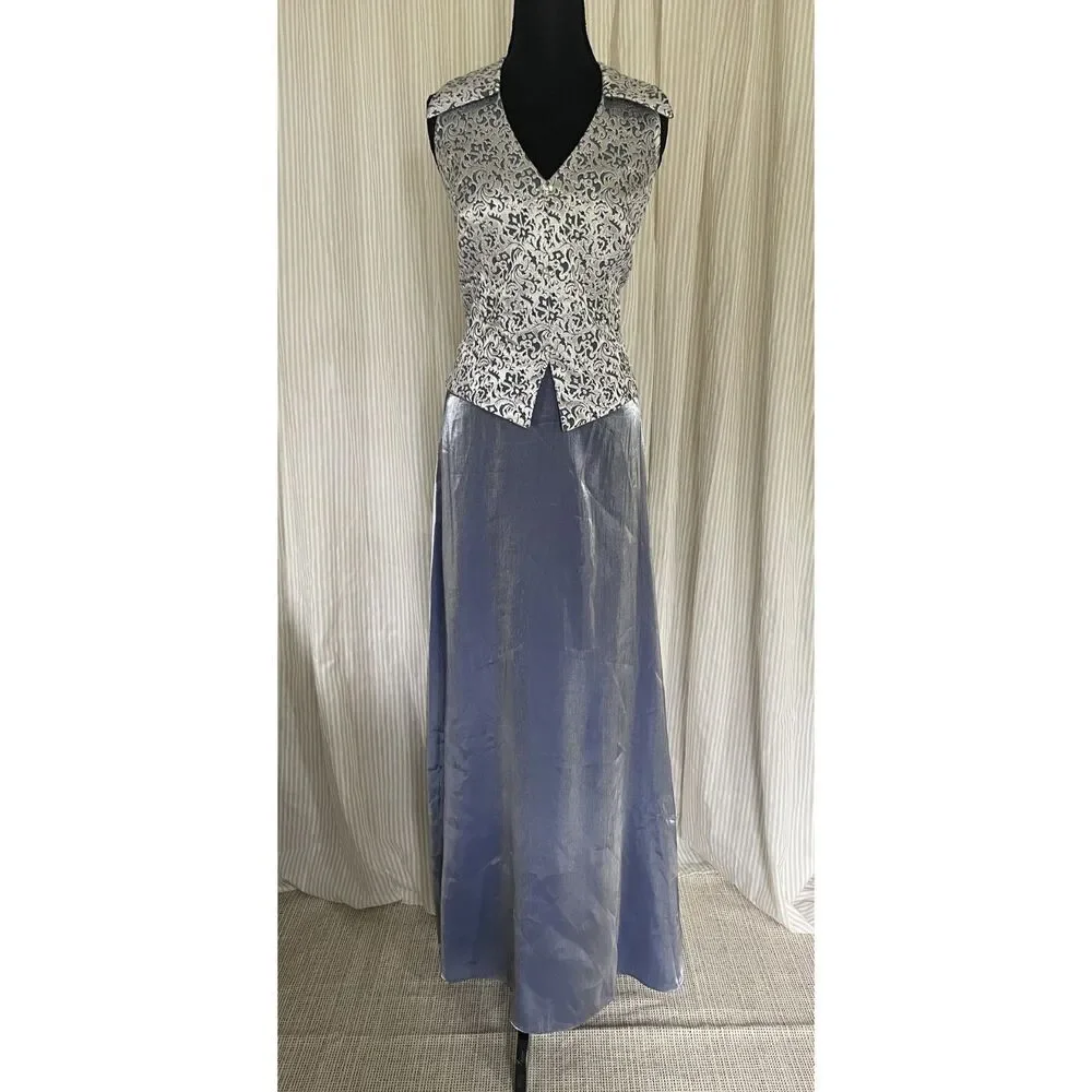 Patra Evening Gown 14 Silver Metallic Halter Top Chiffon Skirt Formal Dress USA - Picture 1 of 12